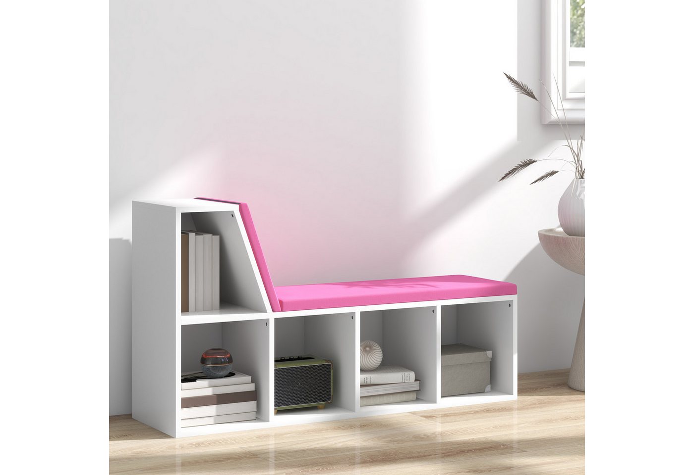 MC Star Bücherregal 2-in-1 Bücherregal/Bank mit 5 Staufächern und 2 Kissen, 108 x 30 x 60 cm, weiß und rosa Bild 5