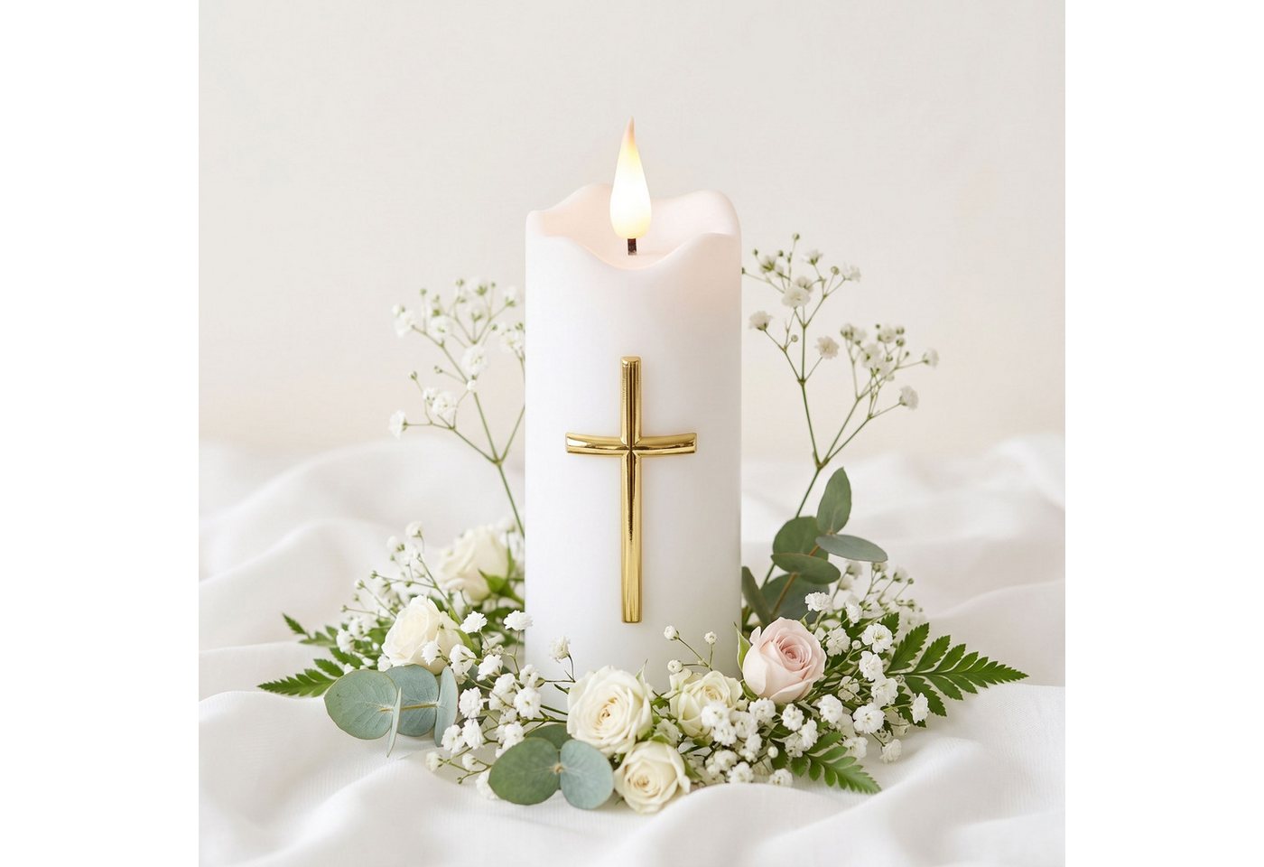 Sarcia.eu LED-Kerze Weiße LED-Kerze mit Kreuz, Flammeneffekt und Batterien, 13 cm