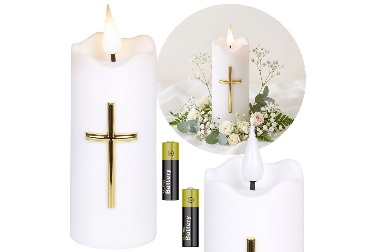 Sarcia.eu LED-Kerze Weiße LED-Kerze mit Kreuz, Flammeneffekt und Batterien, 13 cm Bild 3