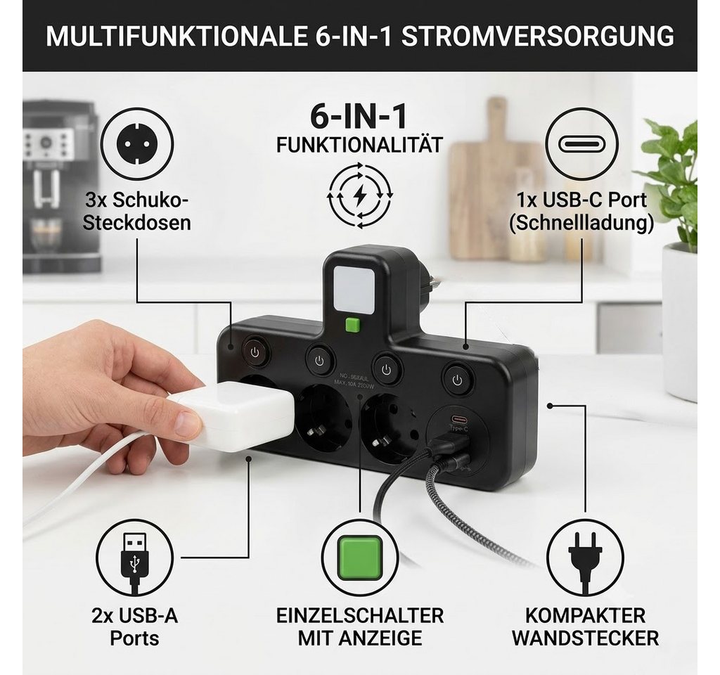 Fyrove Steckdosenleiste mit 3 Fach Steckdosen mit 2 USB & 1 USB-C Steckdosenleiste 3-fach (Wandmontage steckdosenverteiler mit Einzelschaltern, Kindersicherung, Überstrom-, Kurzschluss- und Überhitzungsschutz), Steckerleiste für Büro, Hause, Reisen, küche, Badezimmer
