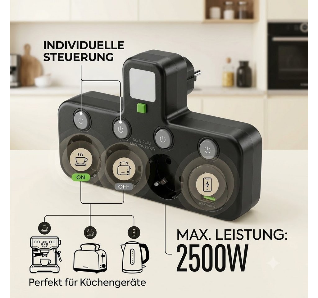 Fyrove Steckdosenleiste mit 3 Fach Steckdosen mit 2 USB & 1 USB-C Steckdosenleiste 3-fach (Wandmontage steckdosenverteiler mit Einzelschaltern, Kindersicherung, Überstrom-, Kurzschluss- und Überhitzungsschutz), Steckerleiste für Büro, Hause, Reisen, küche, Badezimmer Bild 2