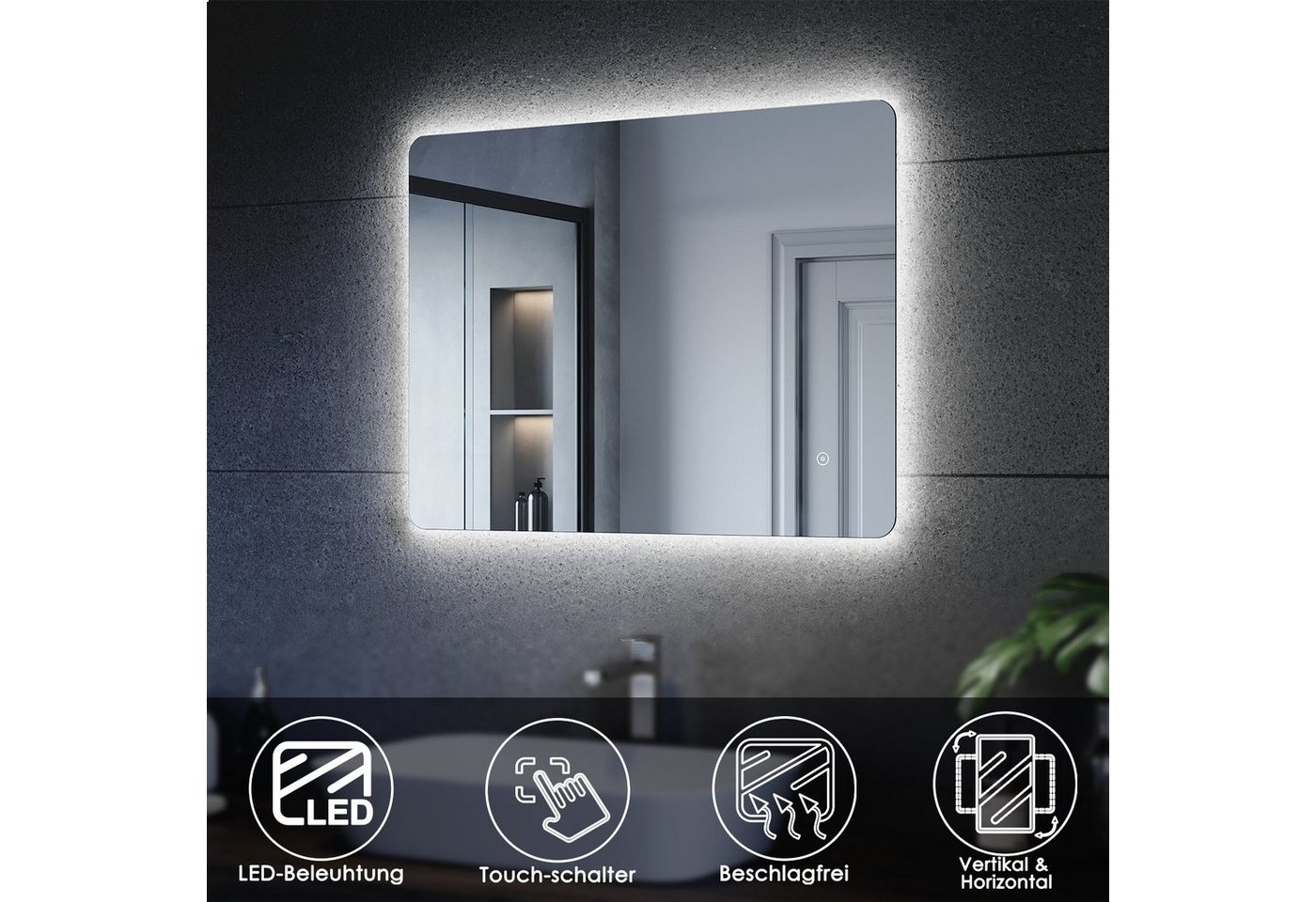SONNI Badspiegel Badezimmerspiegel mit Beleuchtung, 80 x 60, LED, Antibeschlage, Wandspiegel,IP 44, Rasierspiegel, Energiesparend Bild 2