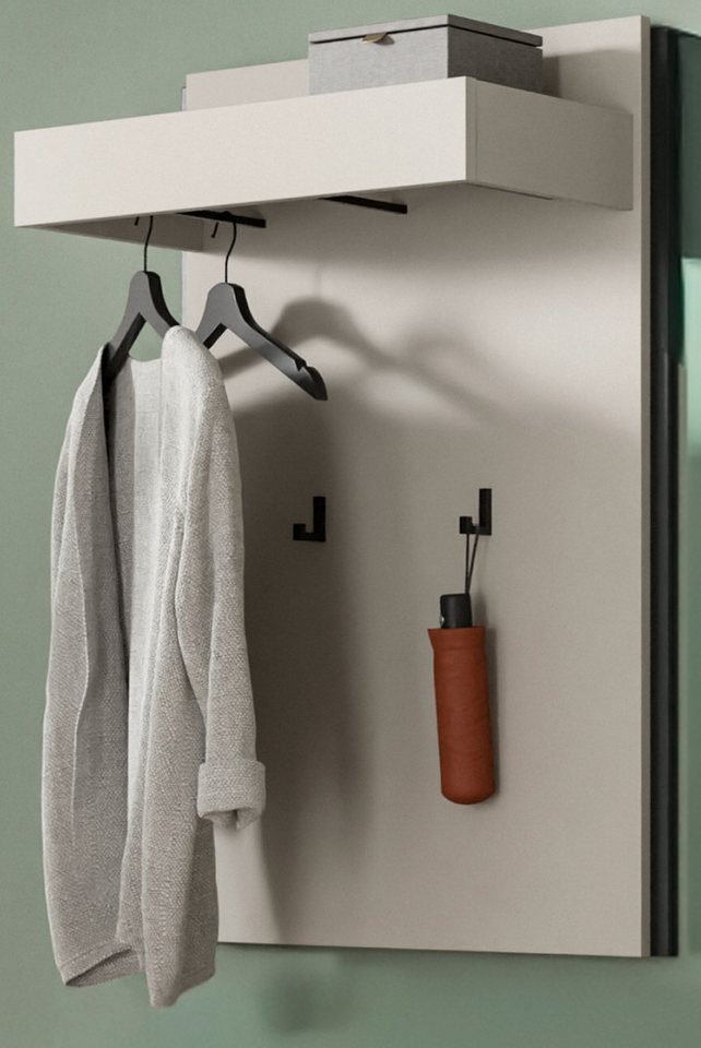 Inn.Furn Garderobenpaneel Nevia (Wandgarderobe in Kaschmir / Sand mit Schwarz, 75 x 106 cm), mit 5 Kleiderhaken und Kleiderstange