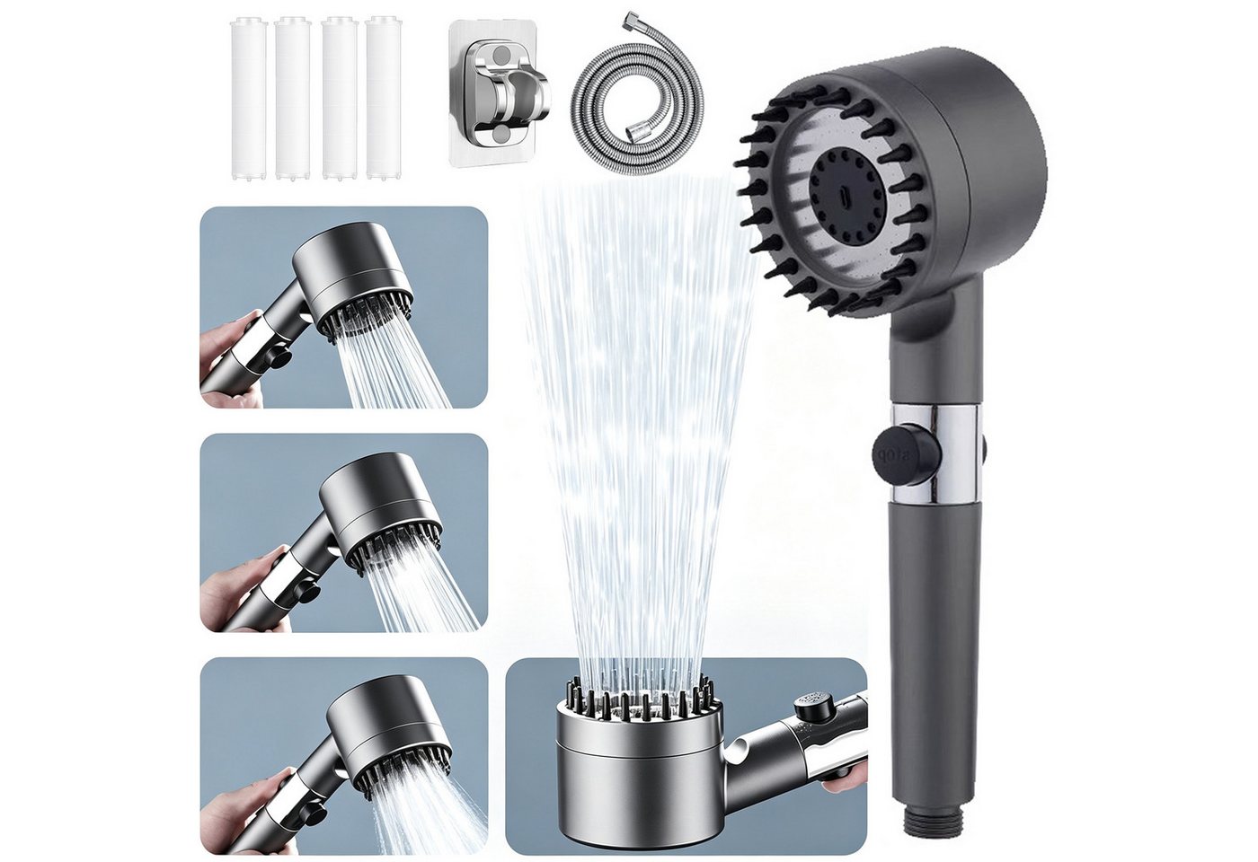 BOOD Handbrause Hochdruck-Duschkopf mit Filter und Ein-Knopf-Stoppfunktion,3 Modi, Packungsinhalt Schwarz2: 1 Handbrause+4 Filterwatten+Haken+Schlauch