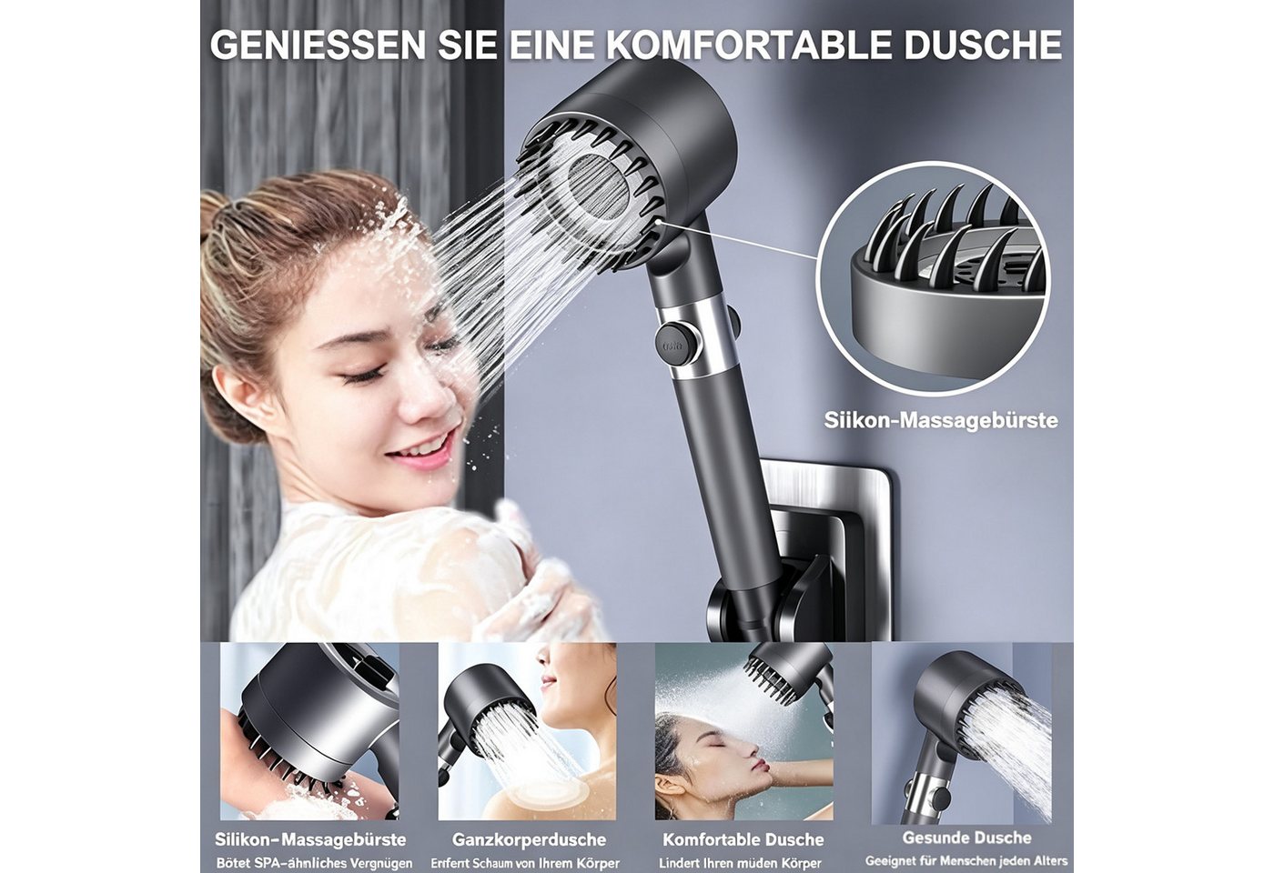BOOD Handbrause Hochdruck-Duschkopf mit Filter und Ein-Knopf-Stoppfunktion,3 Modi, Packungsinhalt Schwarz2: 1 Handbrause+4 Filterwatten+Haken+Schlauch Bild 5