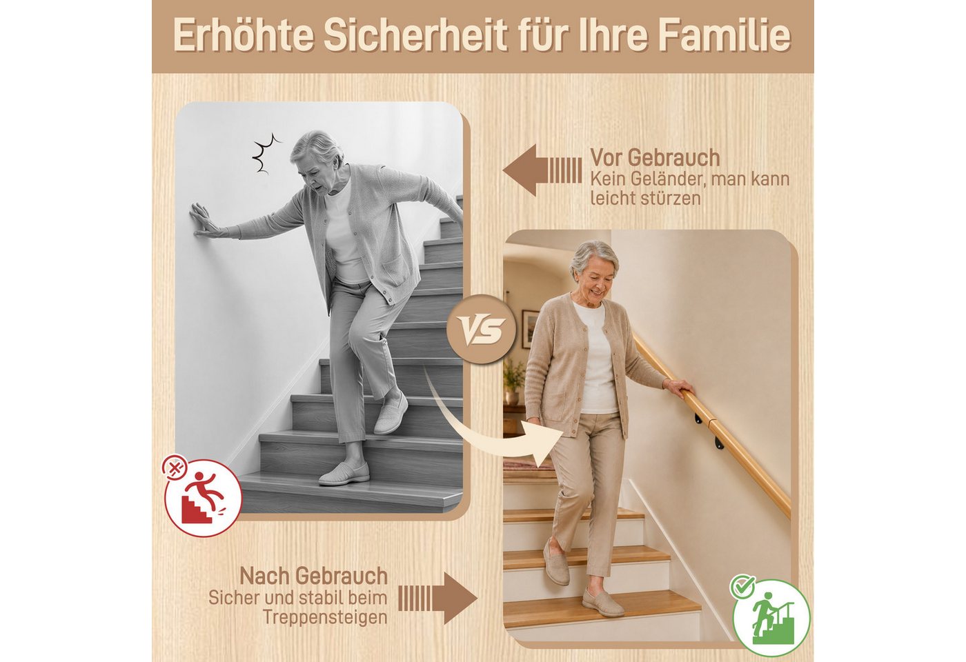 FIVMEN Handlauf Holzhandlauf aus Buchenholz Wandhandlauf Treppenhandlauf, Wandmontiert, inkl. Halterungen und Schrauben für Innen Bild 2