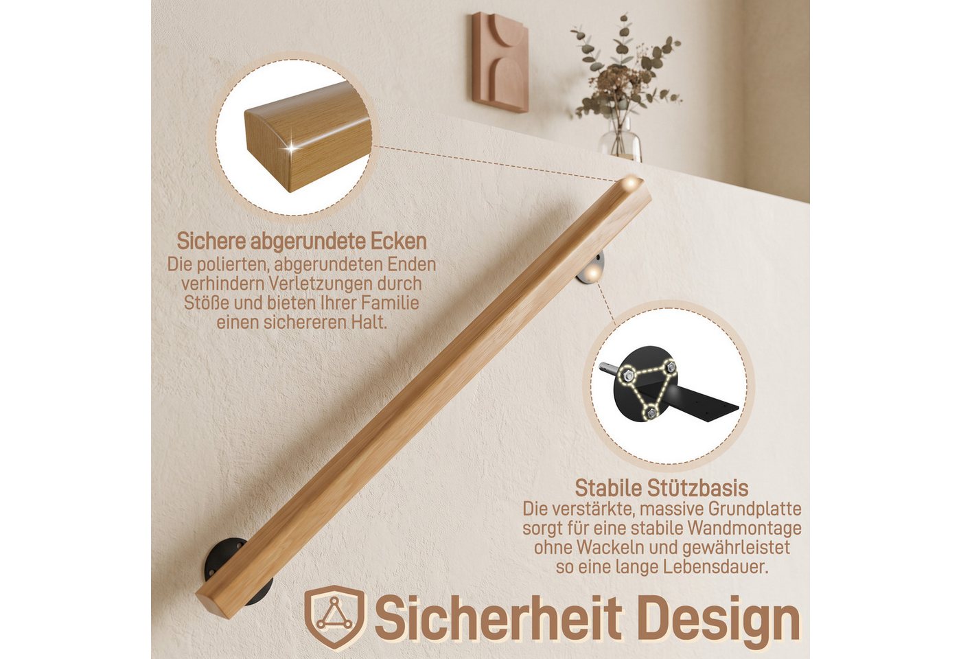 FIVMEN Handlauf Holzhandlauf aus Buchenholz Wandhandlauf Treppenhandlauf, Wandmontiert, inkl. Halterungen und Schrauben für Innen Bild 4