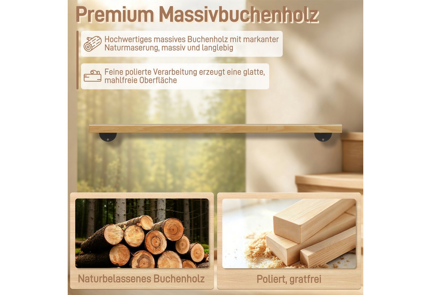FIVMEN Handlauf Holzhandlauf aus Buchenholz Wandhandlauf Treppenhandlauf, Wandmontiert, inkl. Halterungen und Schrauben für Innen Bild 5