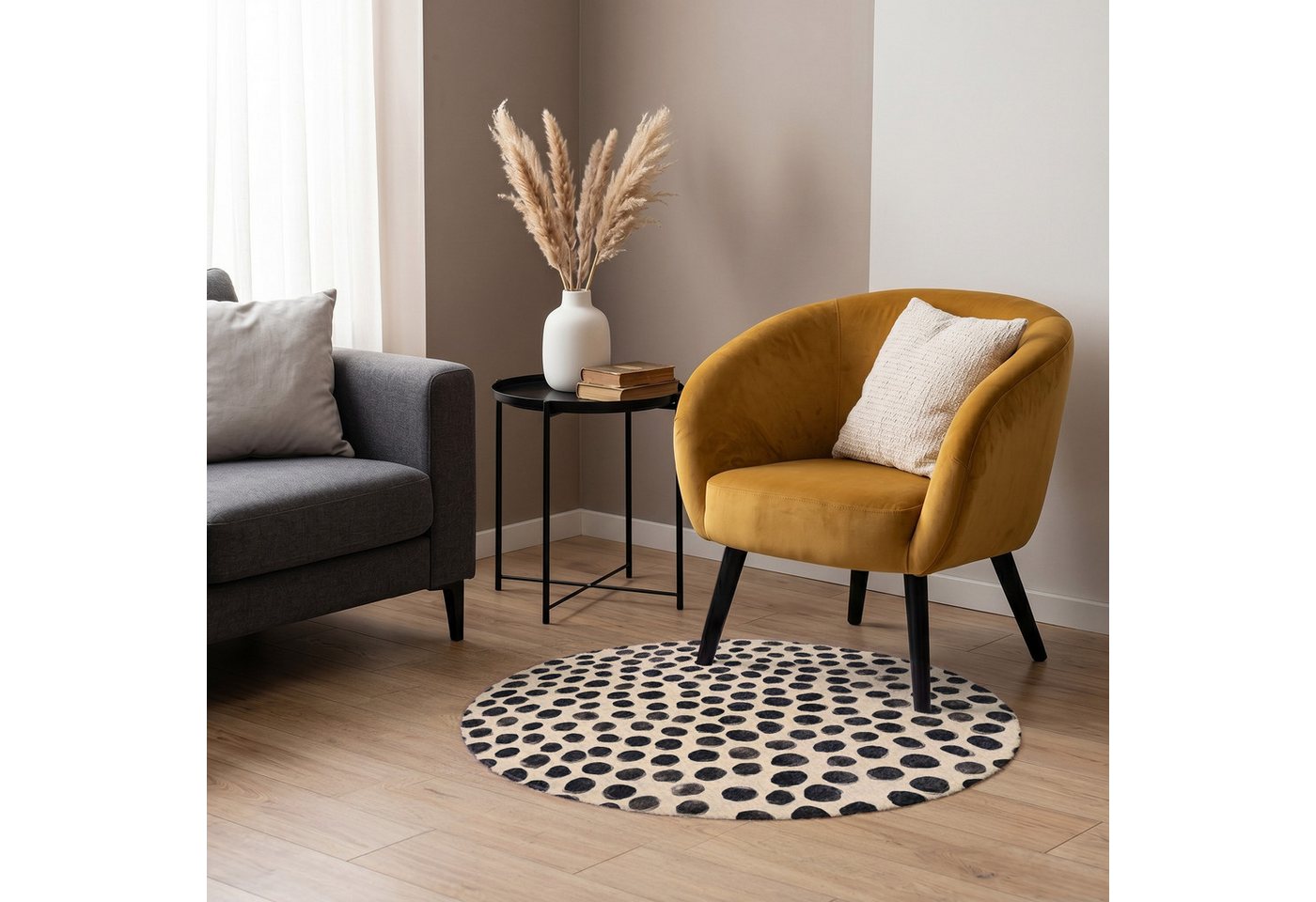 OnlyWow Teppich Rund Polka dots - Muster - Schwarz, Rechteckig, Wohnzimmer, Schlafzimmer, Kurzflor 90x90 cm Bild 3