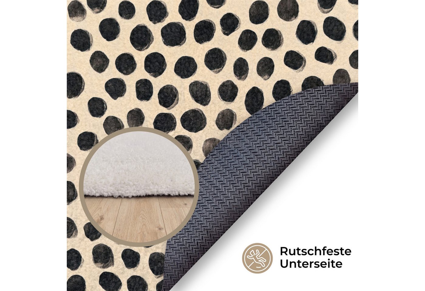 OnlyWow Teppich Rund Polka dots - Muster - Schwarz, Rechteckig, Wohnzimmer, Schlafzimmer, Kurzflor 90x90 cm Bild 4