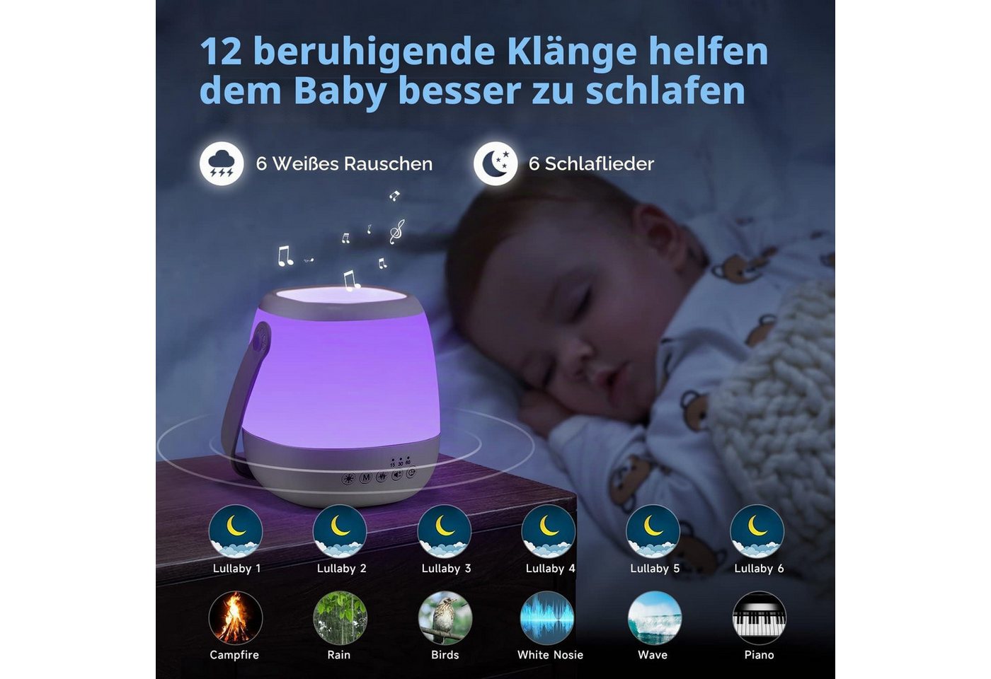 Vivitar LED Nachtlicht Dimmbar mit White Noise Maschine, 3-in-1 Baby Stilllicht, USB aufladbar und Tragbar, Fütterungslampe zum Stillen und Fläschchengeben, Nachtlicht für Kinderzimmer, mit Fernbedienung, 15/30/60-Minuten-Timer, über USB aufladbar, 35 Lichteffekten, 7 Farben, 5 Helligkeitsstufen, 12 Klängen Bild 2