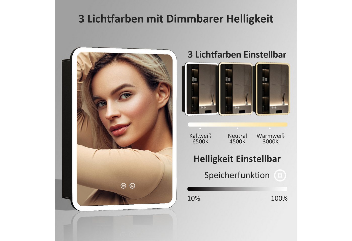 WDWRITTI Spiegelschrank Klein 40x60cm Spiegelschrank Bad mit Beleuchtung Kalt/Warm/Neutralweiß (Schrank Schwarz Eckig Rechteckig, 3Lichtmodi Dimmbar Anti-fog Speicherfunktion) Verstellbare Glasböden, mit Netzadapter, IP44