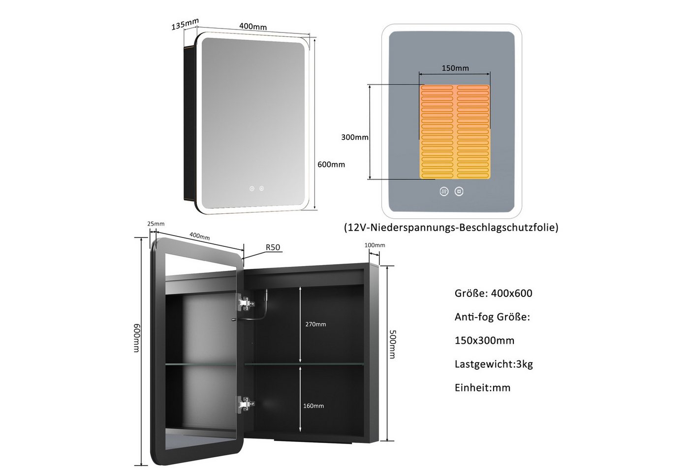 WDWRITTI Spiegelschrank Klein 40x60cm Spiegelschrank Bad mit Beleuchtung Kalt/Warm/Neutralweiß (Schrank Schwarz Eckig Rechteckig, 3Lichtmodi Dimmbar Anti-fog Speicherfunktion) Verstellbare Glasböden, mit Netzadapter, IP44 Bild 2