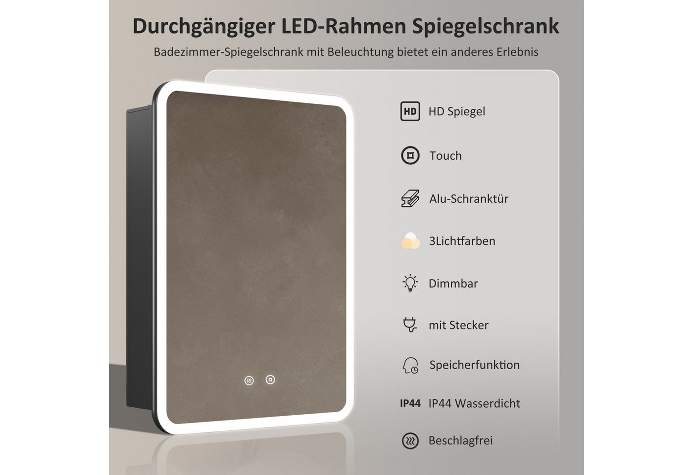 WDWRITTI Spiegelschrank Klein 40x60cm Spiegelschrank Bad mit Beleuchtung Kalt/Warm/Neutralweiß (Schrank Schwarz Eckig Rechteckig, 3Lichtmodi Dimmbar Anti-fog Speicherfunktion) Verstellbare Glasböden, mit Netzadapter, IP44 Bild 3