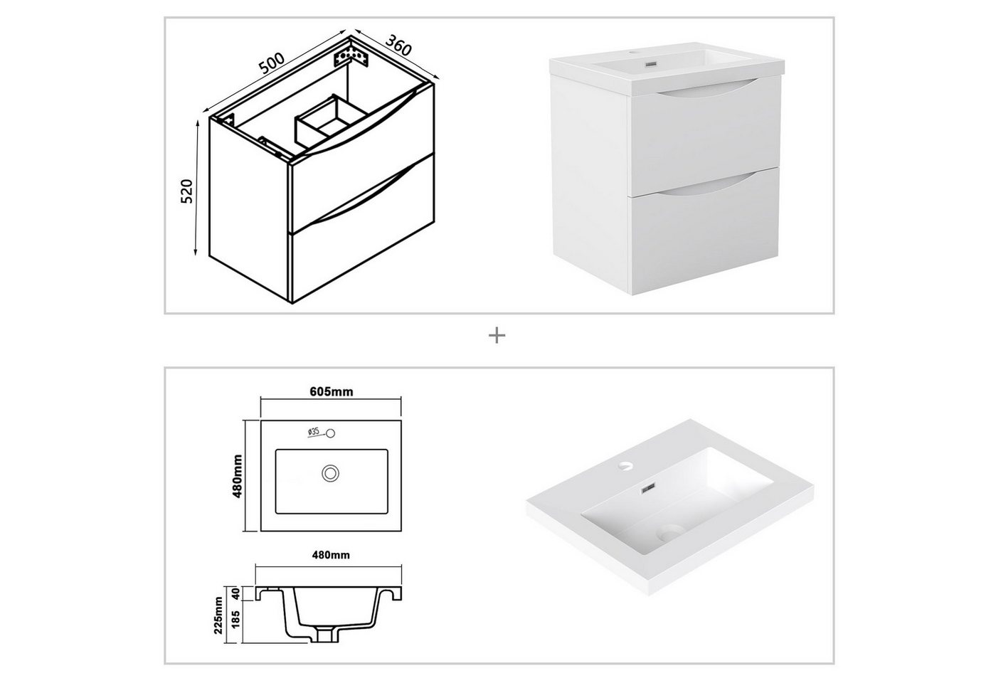 Aica Sanitär Waschtisch Waschbecken mit Unterschrank Soft Close Badmöbel Badschrank Gäste-WC Bild 4