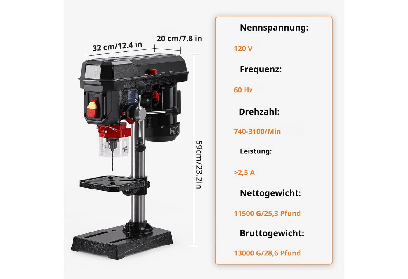 GarveeMore Tischbohrmaschine 5 Geschwindigkeiten, präzises Bohren, für Holz und Metall, standfest, 120 V, max. 3100 U/min, 2,5A, 60 Hz, 32×20×59 cm