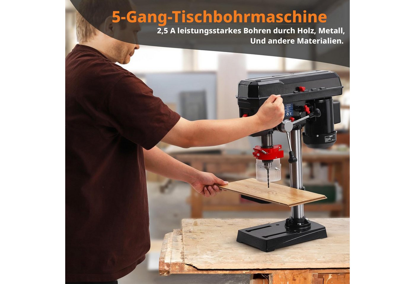 GarveeMore Tischbohrmaschine 5 Geschwindigkeiten, präzises Bohren, für Holz und Metall, standfest, 120 V, max. 3100 U/min, 2,5A, 60 Hz, 32×20×59 cm Bild 3