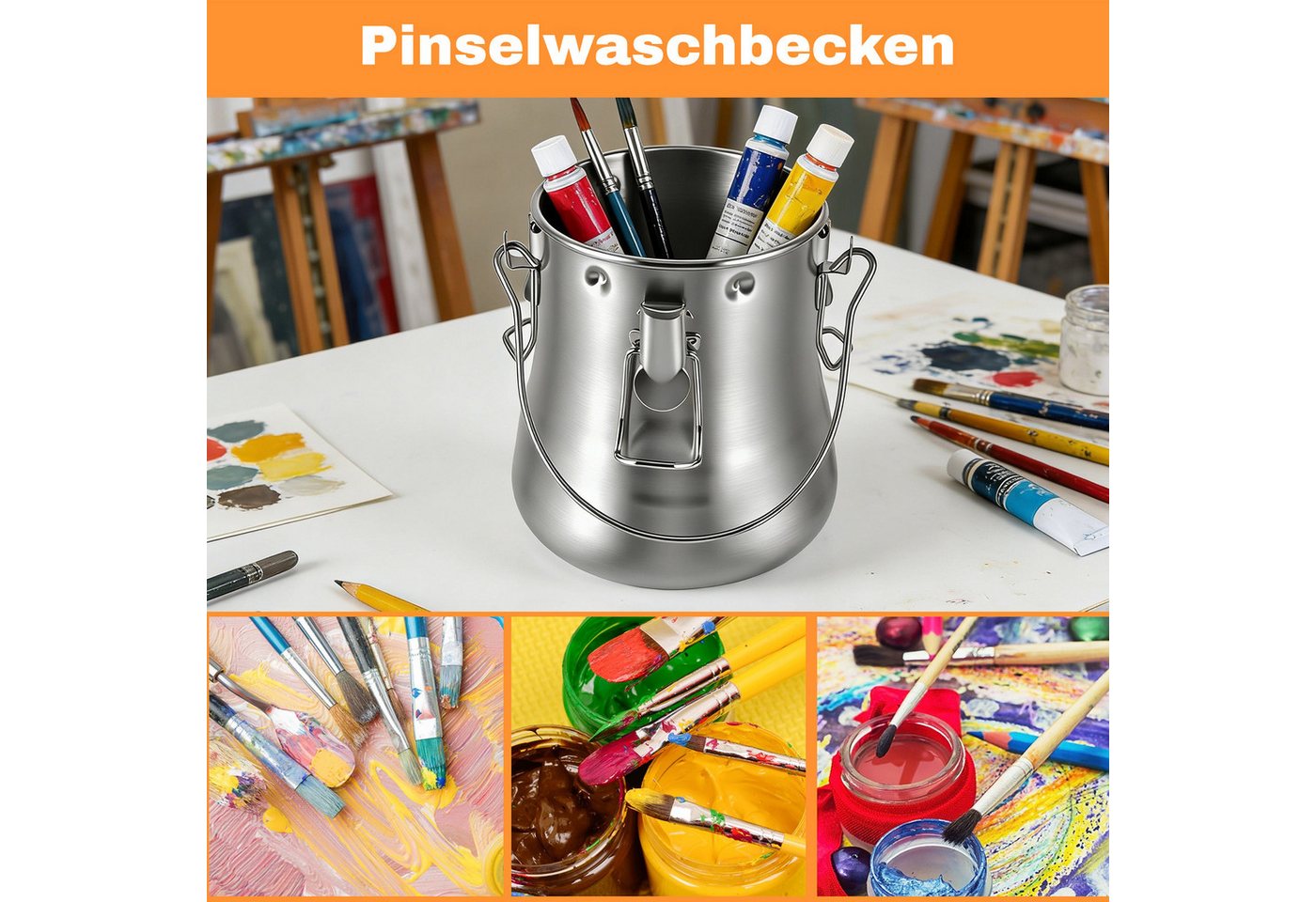BlingBin Farbwanne Tragbarer Pinselwascher Edelstahl auslaufsicher,herausnehmbarem Sieb, (1 Stück, 1-tlg., 11.6x10.5x10.5cm), Pinselbecher mit Griff und Deckel für Öl- und Acrylmalerei