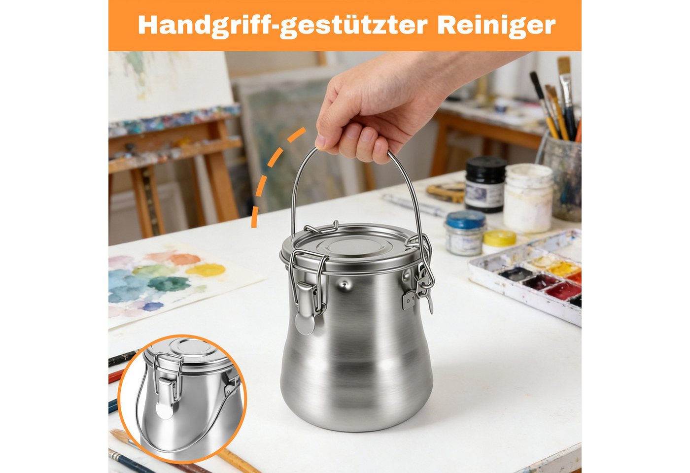 BlingBin Farbwanne Tragbarer Pinselwascher Edelstahl auslaufsicher,herausnehmbarem Sieb, (1 Stück, 1-tlg., 11.6x10.5x10.5cm), Pinselbecher mit Griff und Deckel für Öl- und Acrylmalerei Bild 2
