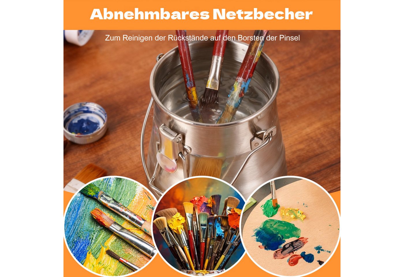 BlingBin Farbwanne Tragbarer Pinselwascher Edelstahl auslaufsicher,herausnehmbarem Sieb, (1 Stück, 1-tlg., 11.6x10.5x10.5cm), Pinselbecher mit Griff und Deckel für Öl- und Acrylmalerei Bild 4