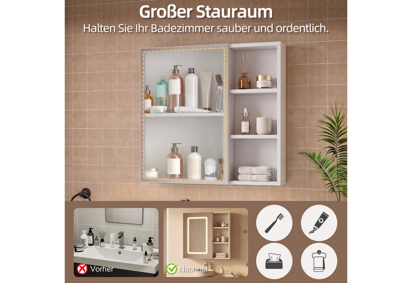 Simurq Badezimmerspiegelschrank Spiegelschrank Bad Mit LED-Beleuchtung & Anti-Beschlag,offene Regal (Badezimmerspiegelschrank Hängeschrank,Touchschalter, Beschlagfrei)