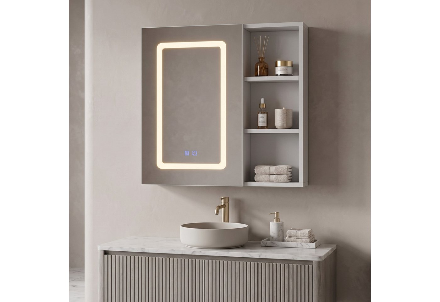 Simurq Badezimmerspiegelschrank Spiegelschrank Bad Mit LED-Beleuchtung & Anti-Beschlag,offene Regal (Badezimmerspiegelschrank Hängeschrank,Touchschalter, Beschlagfrei) Bild 2