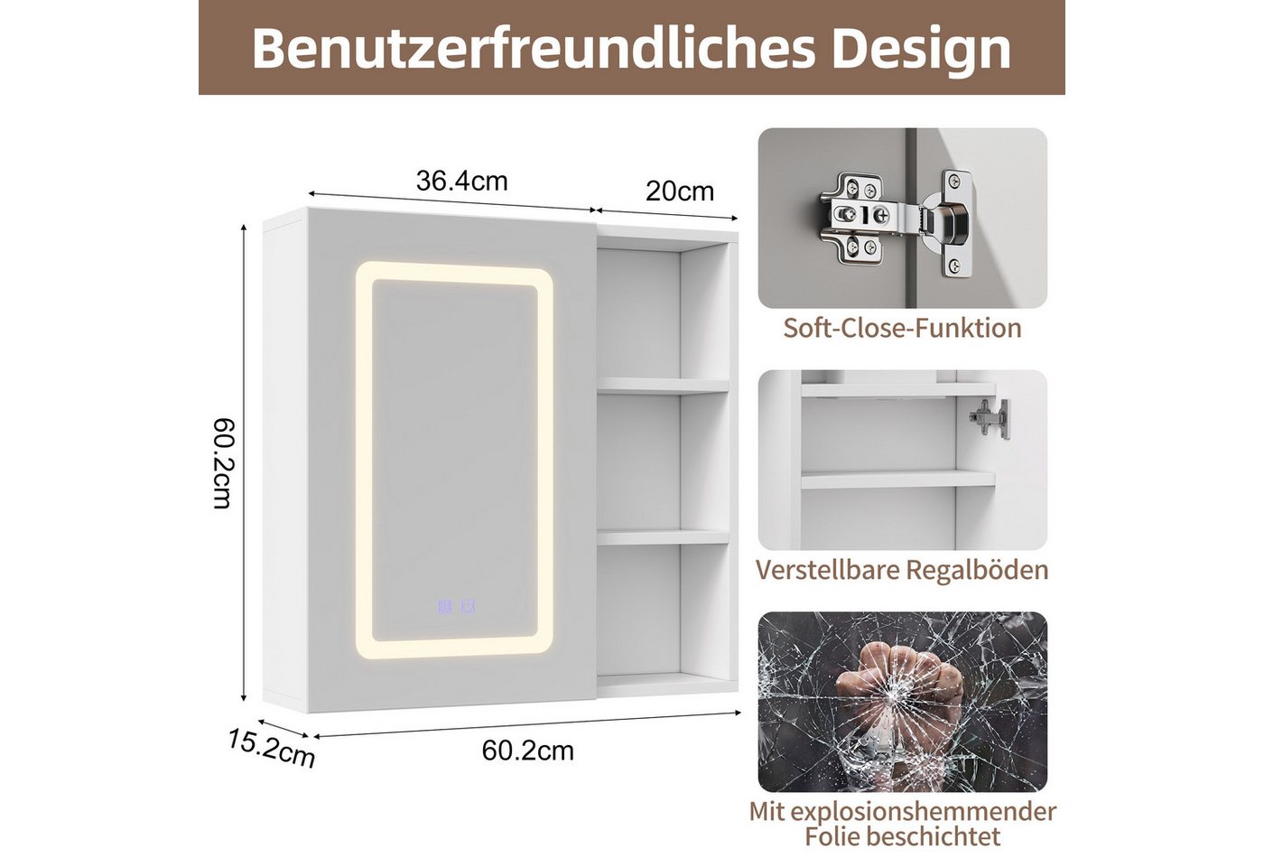 Simurq Badezimmerspiegelschrank Spiegelschrank Bad Mit LED-Beleuchtung & Anti-Beschlag,offene Regal (Badezimmerspiegelschrank Hängeschrank,Touchschalter, Beschlagfrei) Bild 3