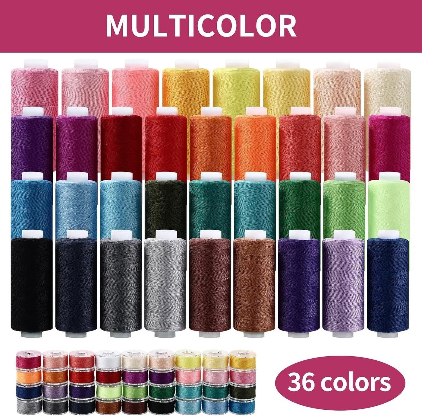 Zengi 36 Farben Polyester reißfest für Nähmaschine Handnähen Quilten DIY Nähgarn, (Set, 72-St., 36 Farben mit jeweils passendem Unterfaden), farbecht, lichtbeständig und abriebfest Bild 4