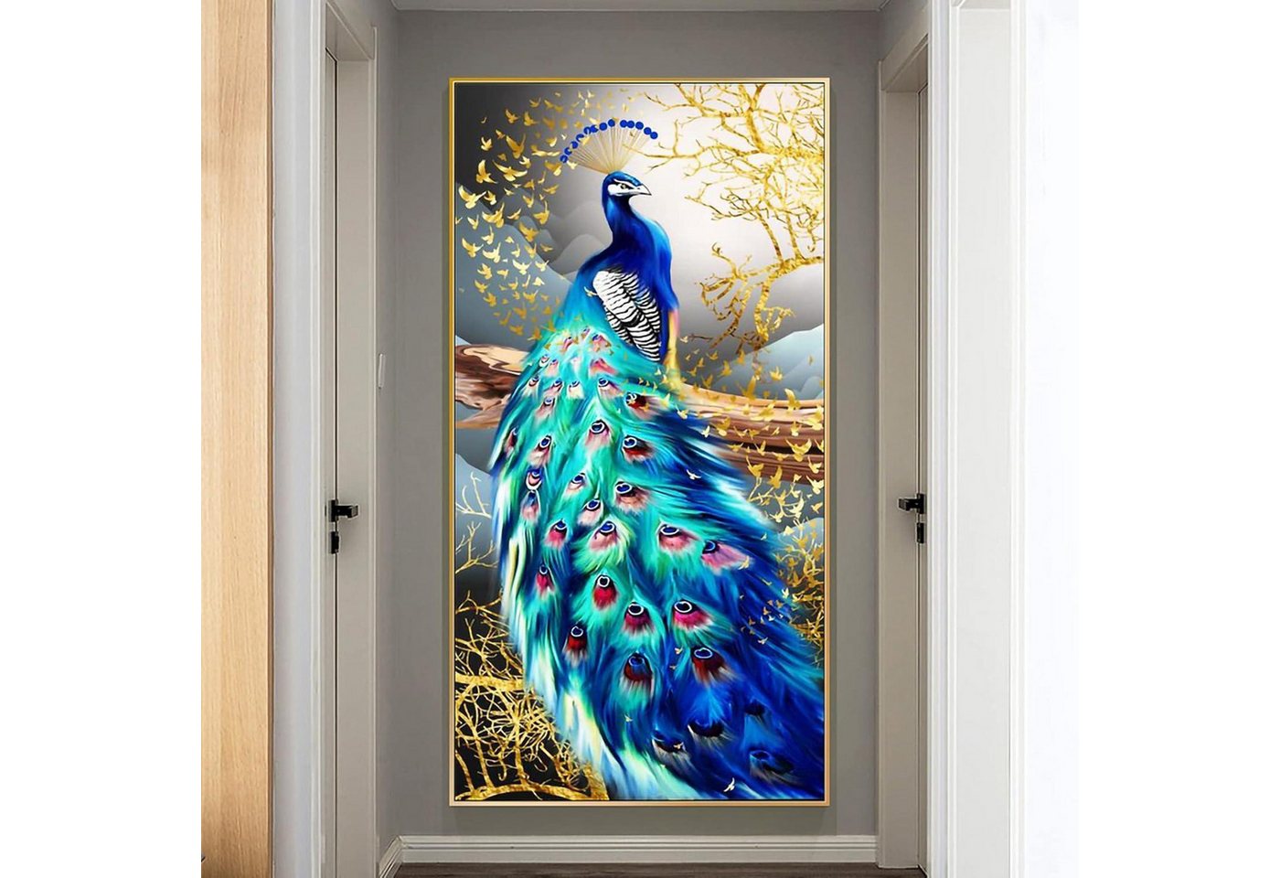 Trayosin Malen nach Zahlen 5D Diamond Painting Set Pfau XXL Full Drill Wanddekoration 90x40cm