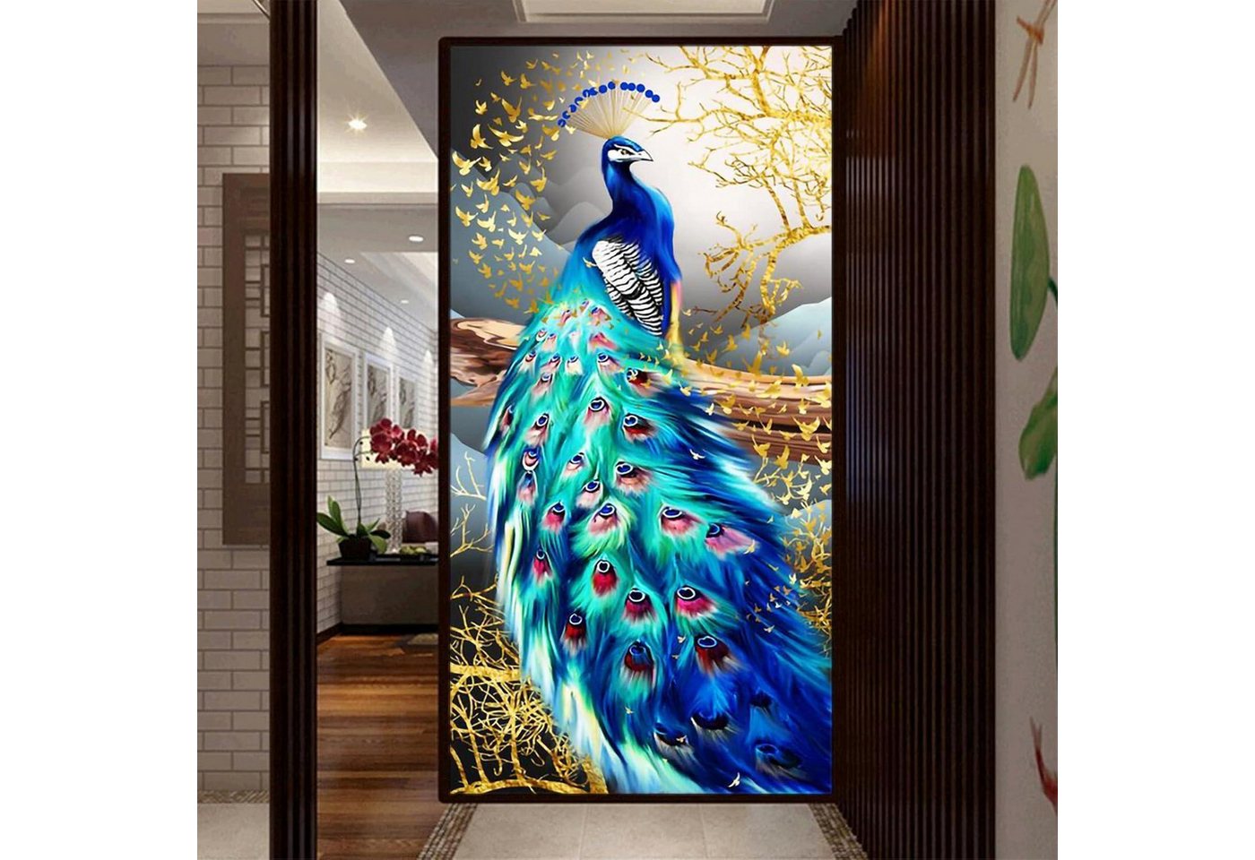 Trayosin Malen nach Zahlen 5D Diamond Painting Set Pfau XXL Full Drill Wanddekoration 90x40cm Bild 2