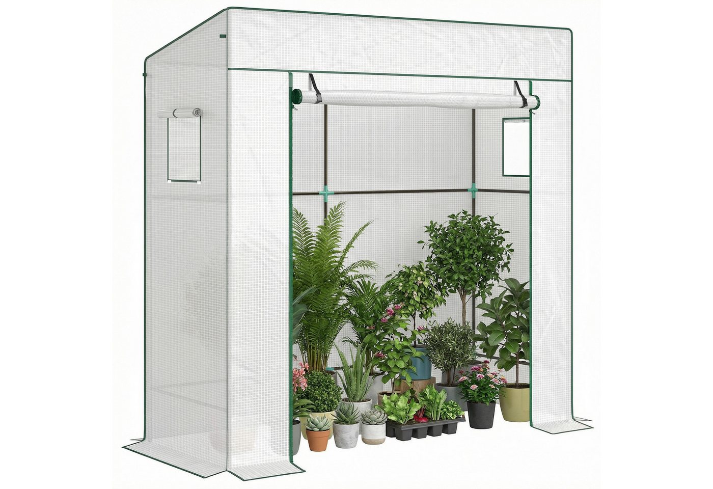 Outsunny Foliengewächshaus Rolltor Netzfenster Schrägdach Stabil mit PE-Folie Erdhaken, BxTxH: 77 x 196 x 197 cm, BxLxH: 77 x 196 x 197 cm, 0 mm Wandstärke, Tomatengewächshaus 1-St., Gewächshaus, für Garten, Balkon, Terrasse Weiß