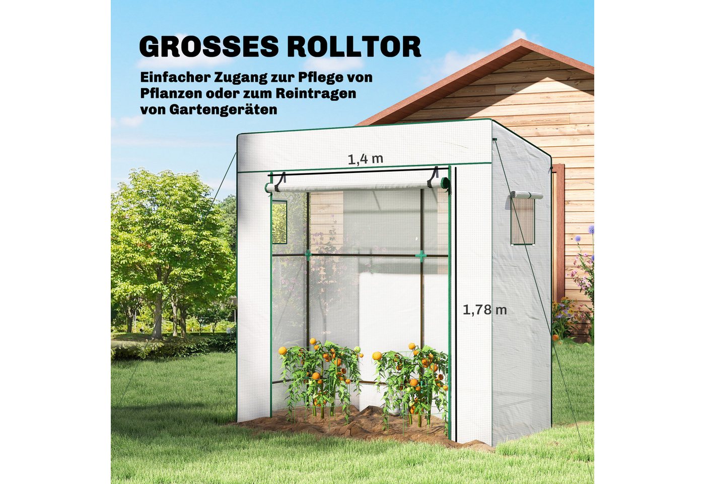 Outsunny Foliengewächshaus Rolltor Netzfenster Schrägdach Stabil mit PE-Folie Erdhaken, BxTxH: 77 x 196 x 197 cm, BxLxH: 77 x 196 x 197 cm, 0 mm Wandstärke, Tomatengewächshaus 1-St., Gewächshaus, für Garten, Balkon, Terrasse Weiß Bild 2