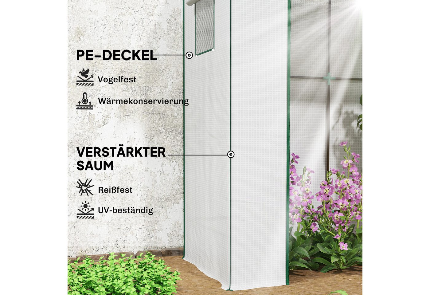 Outsunny Foliengewächshaus Rolltor Netzfenster Schrägdach Stabil mit PE-Folie Erdhaken, BxTxH: 77 x 196 x 197 cm, BxLxH: 77 x 196 x 197 cm, 0 mm Wandstärke, Tomatengewächshaus 1-St., Gewächshaus, für Garten, Balkon, Terrasse Weiß Bild 3