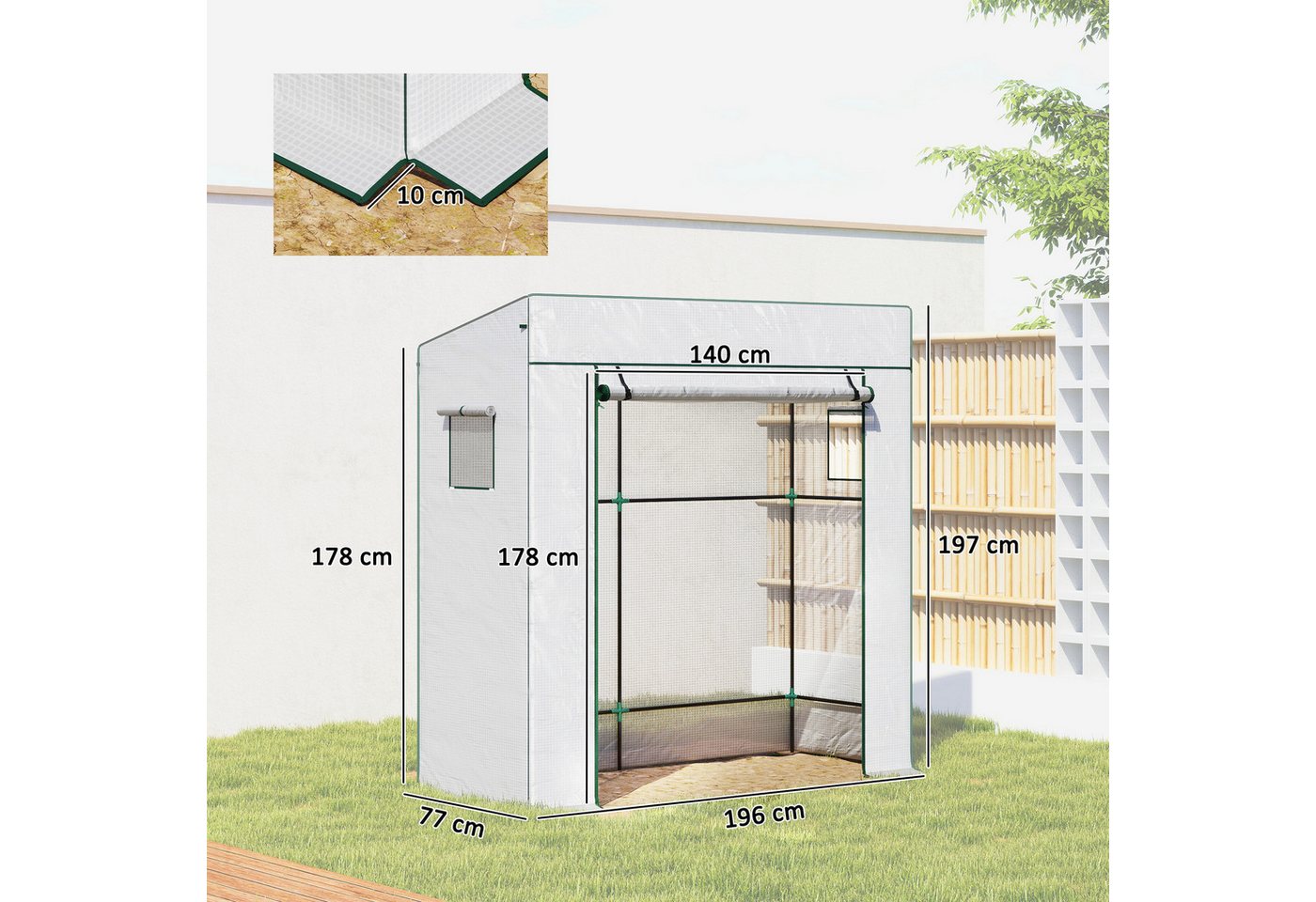 Outsunny Foliengewächshaus Rolltor Netzfenster Schrägdach Stabil mit PE-Folie Erdhaken, BxTxH: 77 x 196 x 197 cm, BxLxH: 77 x 196 x 197 cm, 0 mm Wandstärke, Tomatengewächshaus 1-St., Gewächshaus, für Garten, Balkon, Terrasse Weiß Bild 4