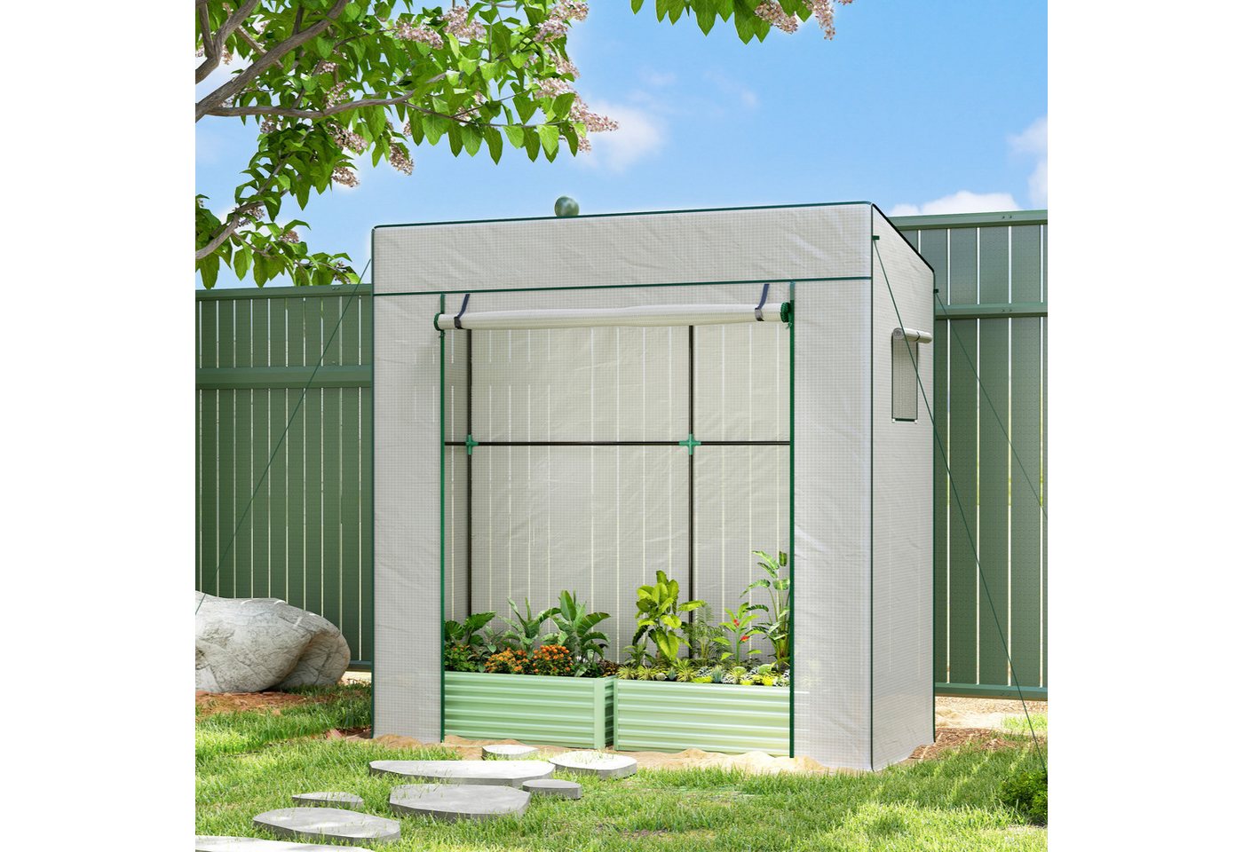 Outsunny Foliengewächshaus Rolltor Netzfenster Schrägdach Stabil mit PE-Folie Erdhaken, BxTxH: 77 x 196 x 197 cm, BxLxH: 77 x 196 x 197 cm, 0 mm Wandstärke, Tomatengewächshaus 1-St., Gewächshaus, für Garten, Balkon, Terrasse Weiß Bild 5