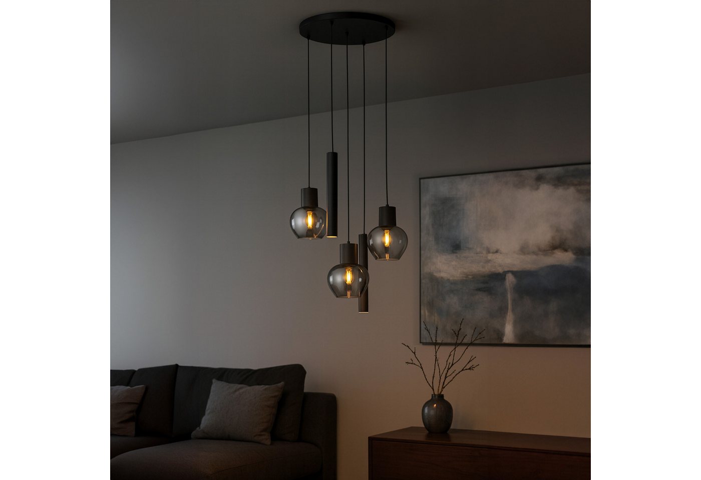 Lightbox Pendelleuchte, ohne Leuchtmittel, Ø 68 cm x 150 cm, 3 x E27 und 2 x GU10, Aluminium Rauchglas, schwarz