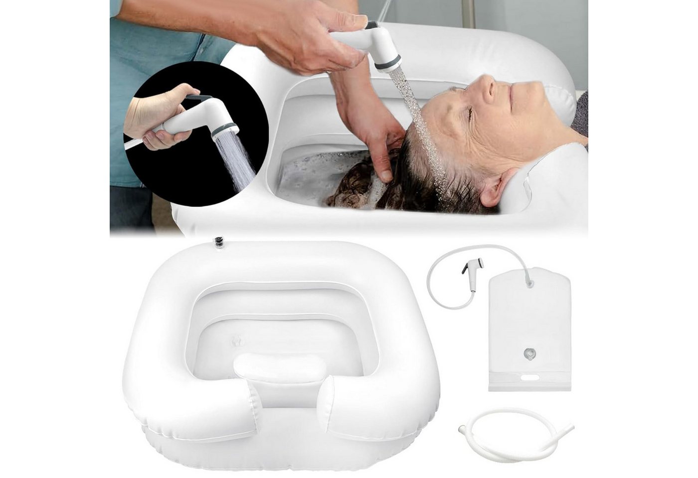 AIMAX Waschbecken Aufblasbares Haarwaschbecken für Bettlägerige mit Duschkopf Wassersack (Mobiles Shampoo Becken mit 1M Ablaufschlauch, Haare waschen im Bett, 1-St., Tragbares PVC Harwaschwanne, Bettwaschwanne für Waschen Haar), für Schwangere, Ältere, Pflegebedürftige und Postoperative Patientin
