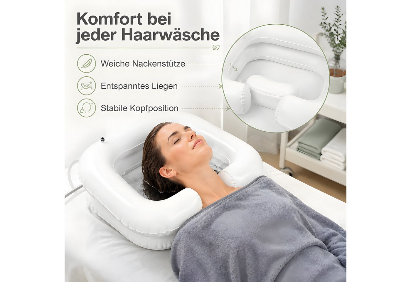 AIMAX Waschbecken Aufblasbares Haarwaschbecken für Bettlägerige mit Duschkopf Wassersack (Mobiles Shampoo Becken mit 1M Ablaufschlauch, Haare waschen im Bett, 1-St., Tragbares PVC Harwaschwanne, Bettwaschwanne für Waschen Haar), für Schwangere, Ältere, Pflegebedürftige und Postoperative Patientin Bild 2