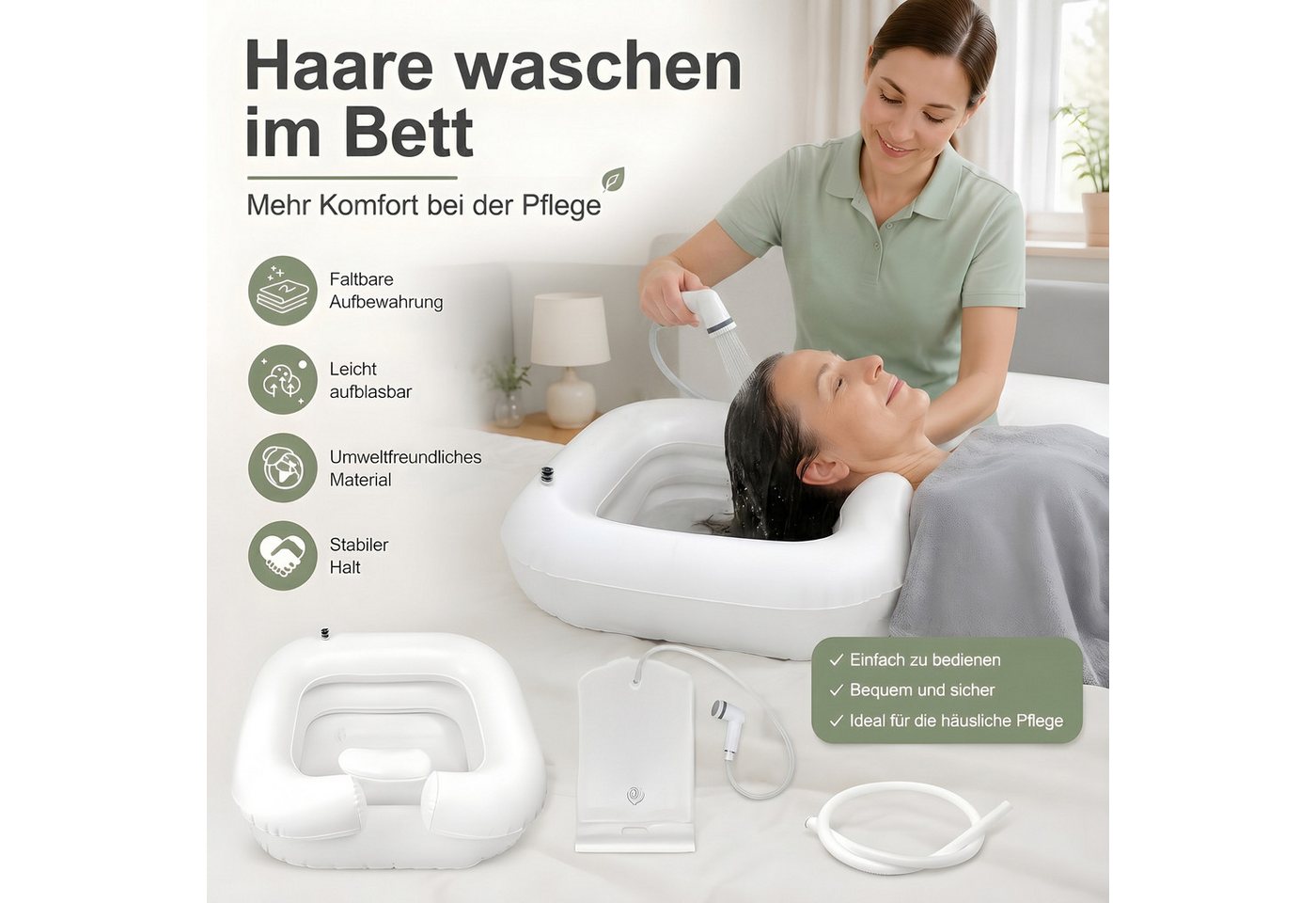 AIMAX Waschbecken Aufblasbares Haarwaschbecken für Bettlägerige mit Duschkopf Wassersack (Mobiles Shampoo Becken mit 1M Ablaufschlauch, Haare waschen im Bett, 1-St., Tragbares PVC Harwaschwanne, Bettwaschwanne für Waschen Haar), für Schwangere, Ältere, Pflegebedürftige und Postoperative Patientin Bild 5
