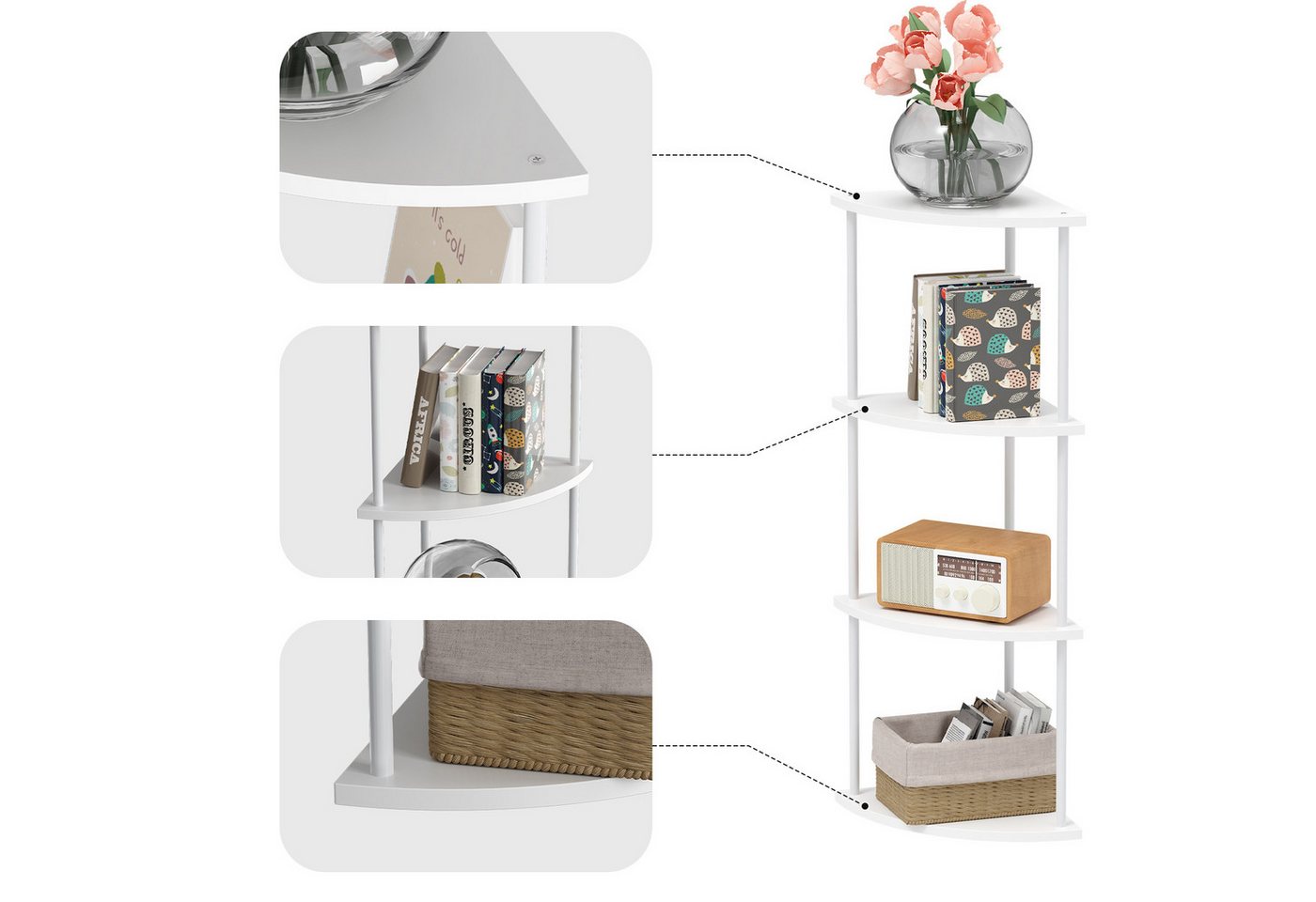 JEOBEST Eckregal Bücherregal mit 4 Ebenen, Aufbewahrungsregal, Pflanzenregal, H: 93cm, Industrial-Design, mit Stahlrahmen Bild 3