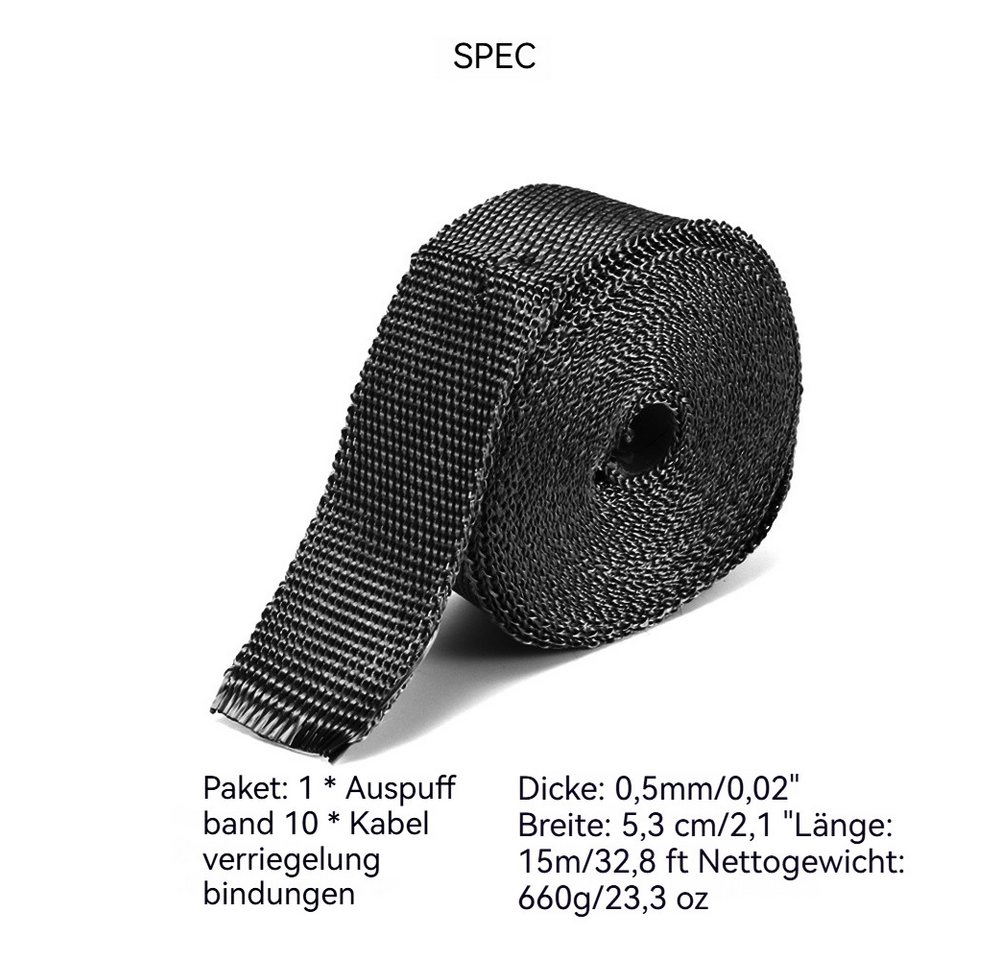 BlingBin Auspuff-Flexrohr Auspuffrohr-Dichtungsband, isolierend und hochtemperaturbeständig, (1 Set, 1-tlg), Exhaust Tape 15m Heat Insulation Tape 10 Metal Cable Locking Ties Bild 3