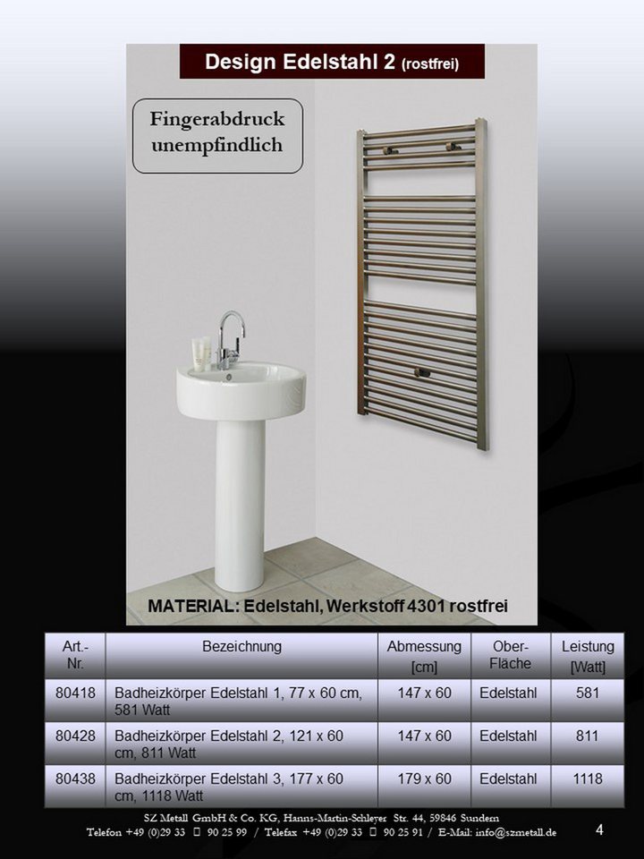 Szagato Badheizkörper BADHEIZKÖRPER Design Hamburg 2 121x60cm 811 Watt SZAGATO Design, 5 Jahre Garantie, Made in Germany Bild 5