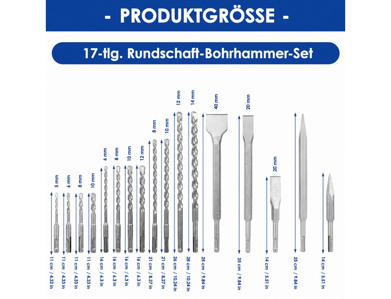 BlingBin Bohrer- und Meißelsatz 17tlg Bohrhammer SDS Plus Bohrer und Meißel Set ink, (SDS-Bohrer-Set – 17-teilig, 17-tlg., mit Bohren und Meißeln im Koffer, Hammerbohrer Steinbohrer Betonbohrer), Für Beton, Fliesen, Ziegel, Zement, Stein und Mauerwerk