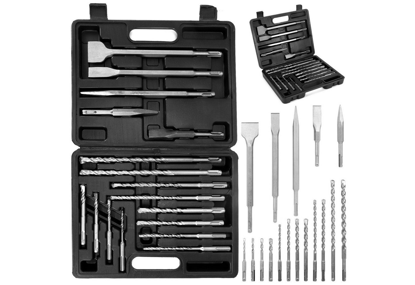 BlingBin Bohrer- und Meißelsatz 17tlg Bohrhammer SDS Plus Bohrer und Meißel Set ink, (SDS-Bohrer-Set – 17-teilig, 17-tlg., mit Bohren und Meißeln im Koffer, Hammerbohrer Steinbohrer Betonbohrer), Für Beton, Fliesen, Ziegel, Zement, Stein und Mauerwerk Bild 3