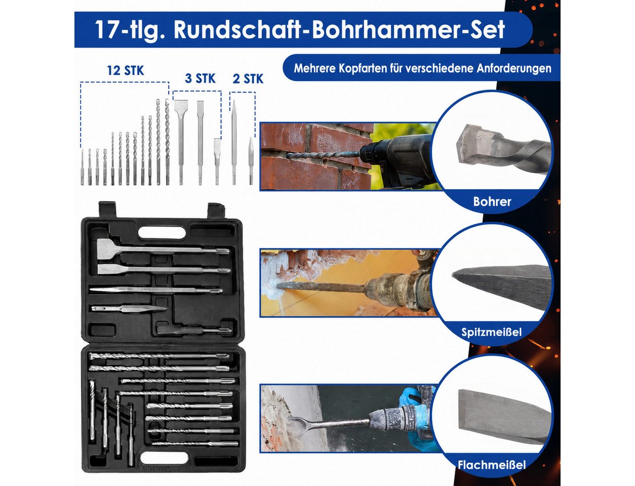 BlingBin Bohrer- und Meißelsatz 17tlg Bohrhammer SDS Plus Bohrer und Meißel Set ink, (SDS-Bohrer-Set – 17-teilig, 17-tlg., mit Bohren und Meißeln im Koffer, Hammerbohrer Steinbohrer Betonbohrer), Für Beton, Fliesen, Ziegel, Zement, Stein und Mauerwerk Bild 4
