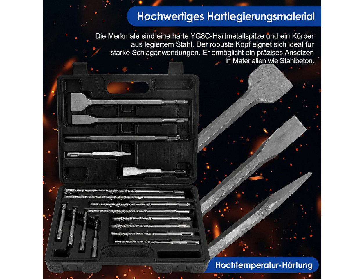 BlingBin Bohrer- und Meißelsatz 17tlg Bohrhammer SDS Plus Bohrer und Meißel Set ink, (SDS-Bohrer-Set – 17-teilig, 17-tlg., mit Bohren und Meißeln im Koffer, Hammerbohrer Steinbohrer Betonbohrer), Für Beton, Fliesen, Ziegel, Zement, Stein und Mauerwerk Bild 5