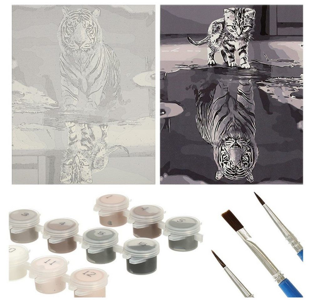 Ikonka Malen nach Zahlen Malen nach Zahlen Katze Tiger Leinwand 40 x 50 cm mit 15 Farben (Malen nach Zahlen Set Katze Tiger mit Leinwand, Farben und Pinseln, Malen nach Zahlen Katze & Tiger mit Leinwand, 15 Acrylfarben 3 Pinseln), Malen nach Zahlen, Katze- und Tiger-Motiv, 15 Acrylfarben, 3 Pinsel Bild 4