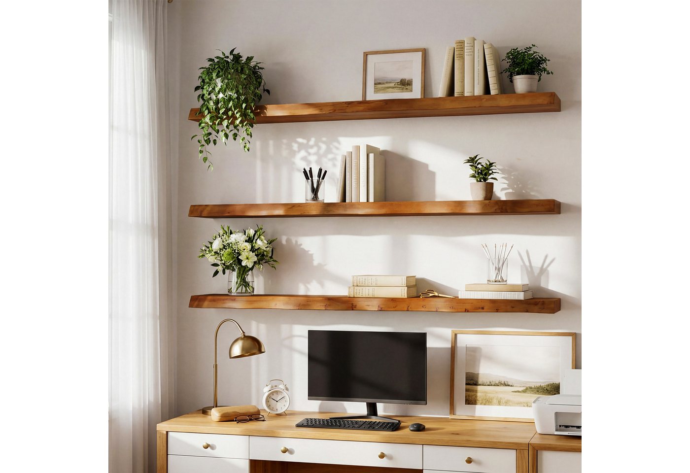 Tribesigns Wandboard 120 cm lange, schwebende Wandregale aus Massivholz, 3er-Set Wandregal, mit Baumkante im Landhausstil für Schlafzimmer, Wohnzimmer, Küche, Büro