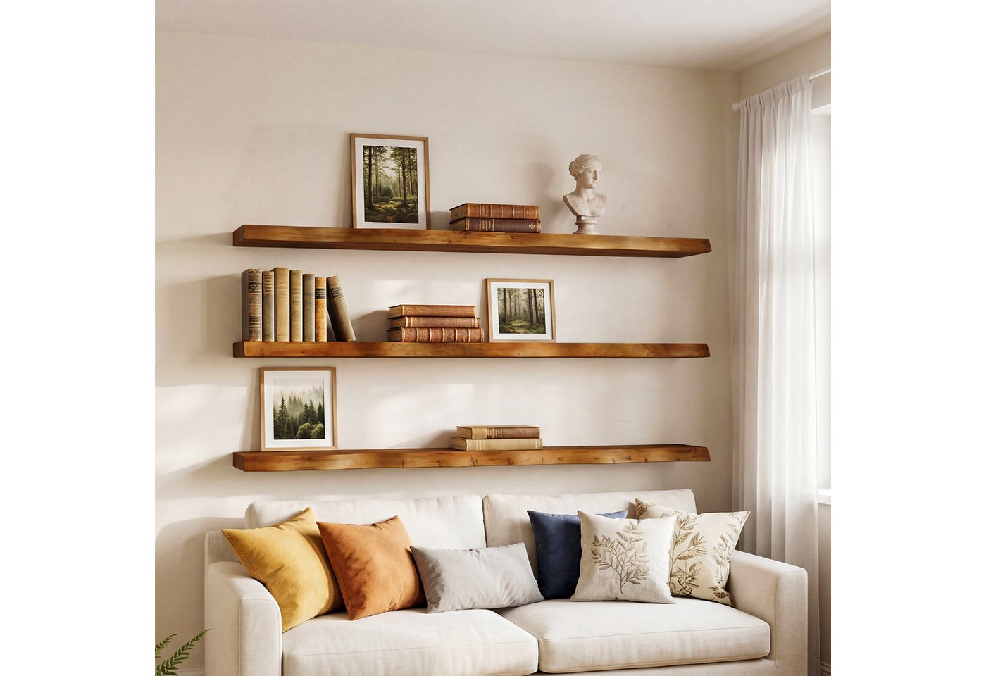 Tribesigns Wandboard 120 cm lange, schwebende Wandregale aus Massivholz, 3er-Set Wandregal, mit Baumkante im Landhausstil für Schlafzimmer, Wohnzimmer, Küche, Büro Bild 2