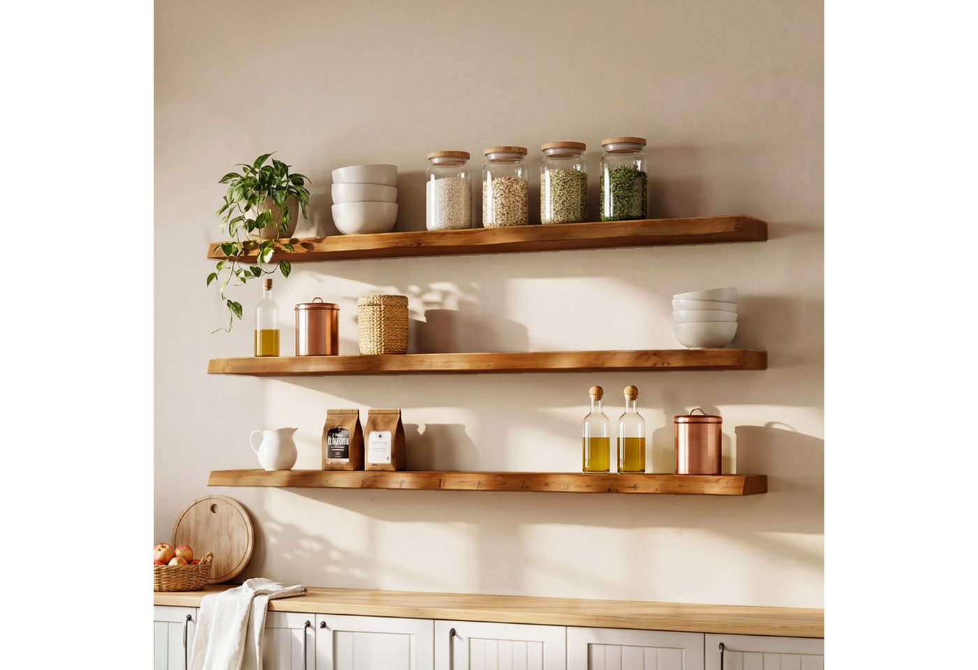 Tribesigns Wandboard 120 cm lange, schwebende Wandregale aus Massivholz, 3er-Set Wandregal, mit Baumkante im Landhausstil für Schlafzimmer, Wohnzimmer, Küche, Büro Bild 3